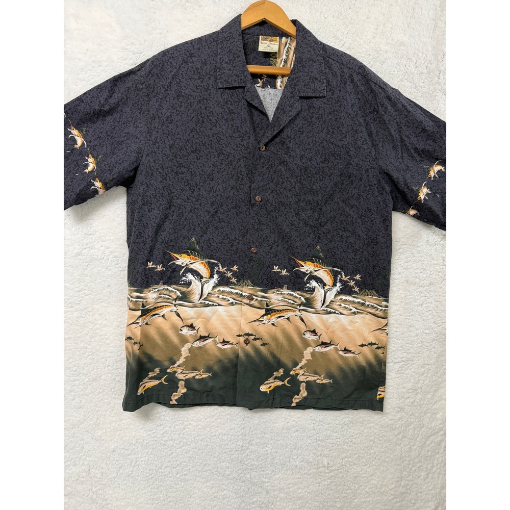 Winnie Fashion Mens 2XL Hawaiian Shirt Black Marlin Tuna Fishing Made in Hawaii